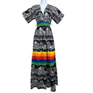 Vtg Gilligan‎ O'Malley Kimono Loungewear Coverup S Floral Black White Rainbow